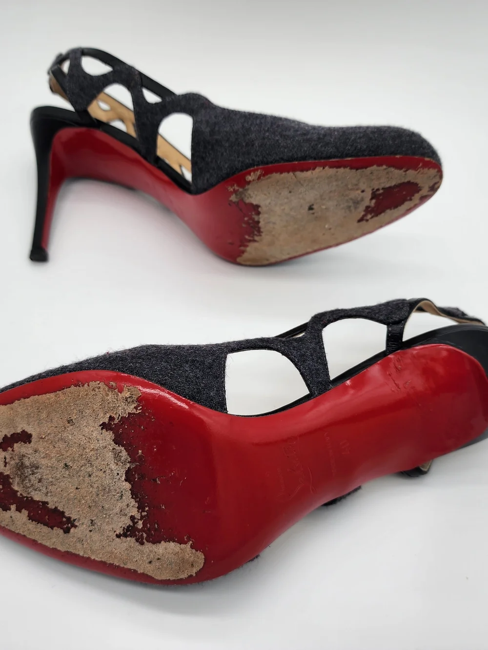 Vintage Christian Louboutin Dark Grey Flannel Cutout Slingback Heels Size EU 40